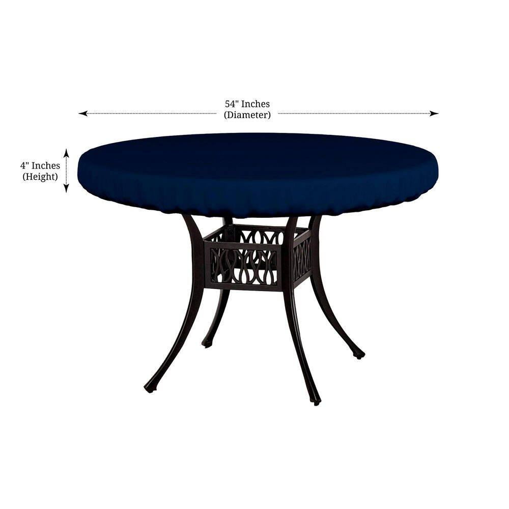 Blue circular outdoor table top cover with diameter and height dimensions.