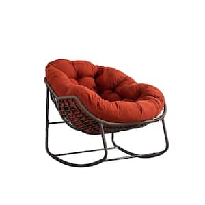 Brown Metal Outdoor Rocking Chair, Padded Cushion Rocker Recliner Chair with Orange Cushions