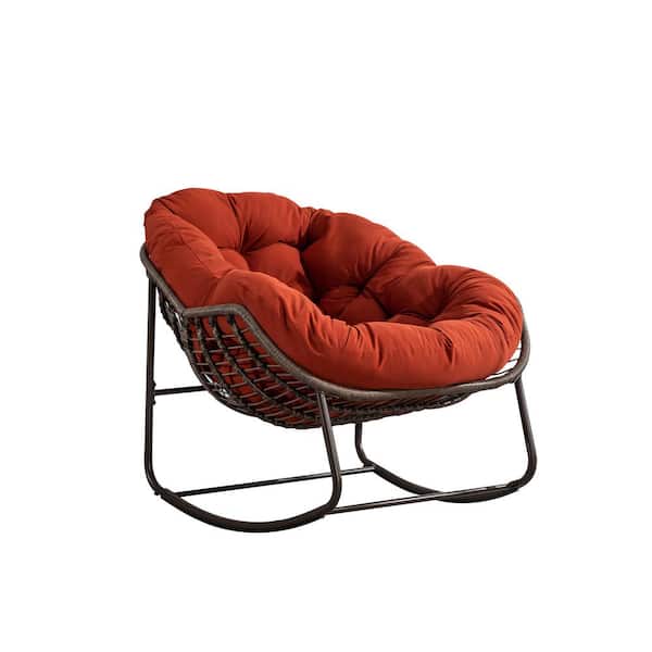 Sudzendf Brown Metal Outdoor Rocking Chair, Padded Cushion Rocker Recliner Chair with Orange Cushions