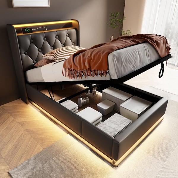 Black Wood Frame Twin Size Upholstered Platform Bed with LED Function and USB Type-C Charging