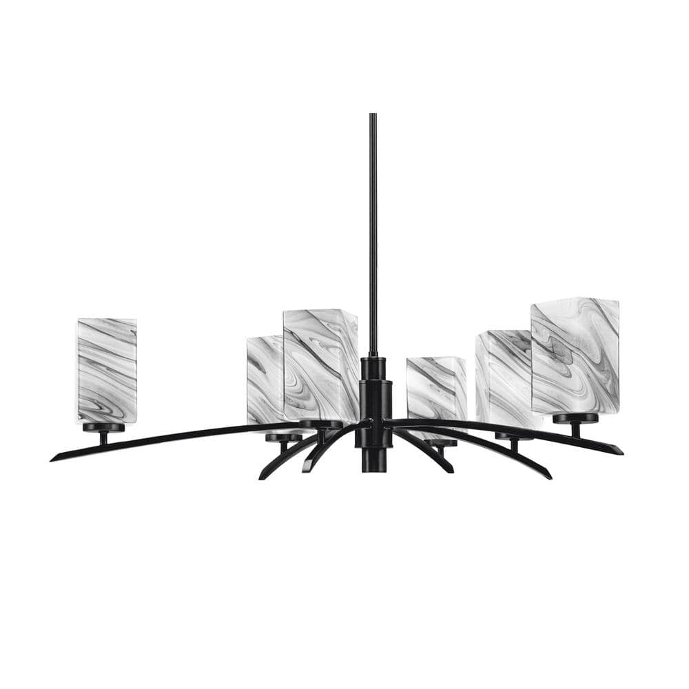 Siena 6-Light Matte Black Chandelier, Round Chandelier with Onyx Swirl Glas