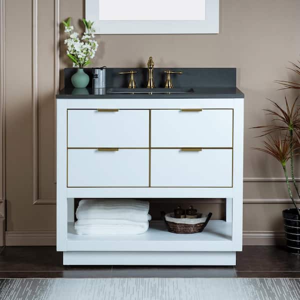 WOODBRIDGE Venice 37 in.W x 22 in.D x 38 in.H Bath Vanity in White with Engineered stone Vanity Top in Dark Gray with White Sink