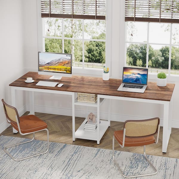 BYBLIGHT Moronia 78.74 in. Rectangular Brown Wood Computer Desk, Extra Large 2-Person Office Desk with Shelf for Home Office