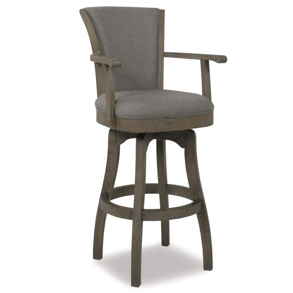 Distressed Wood Swivel Bar Stool with Gray Leather Cushion and Armrests