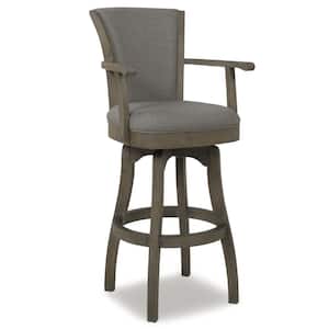 Williams 31 in. Grey Linen Modern Rustic High Back Swivel Bar Stool with Armrests and Wood Frame