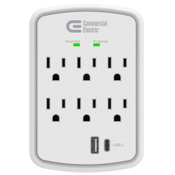 Commercial Electric 6-Outlet Wall Mounted Surge Protector with 1 USB-A and 1 USB-C, White