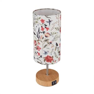 Miika 15 in. Metal USB Table Lamp with Dual USB Ports and Red Floral Lampshade