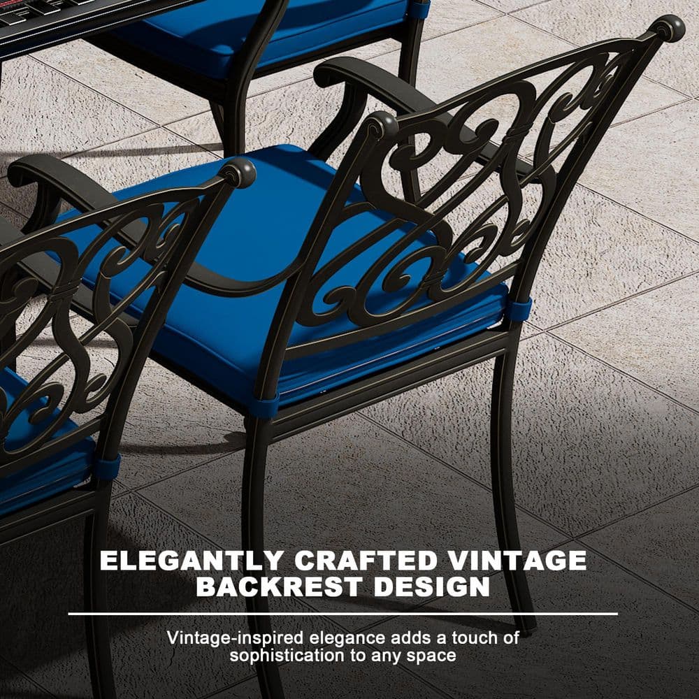 Black Cast Aluminum 6-Person Outdoor Dining Set with Blue Cushions