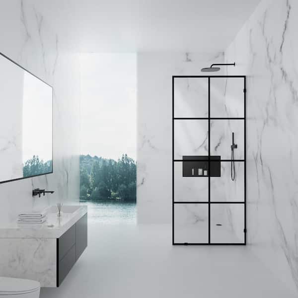 NANAWO 34 in. W x 78 in. H Fixed Single Panel Frameless Shower Door in Matte Black with Clear Glass