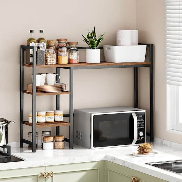 Afoxsos Brown 38.6 in. x 30 in. Wood Desk Accessories, Black Metal Frame Wide Computer Desk Bookcase w/ 3-Tier Shelf and Hutch