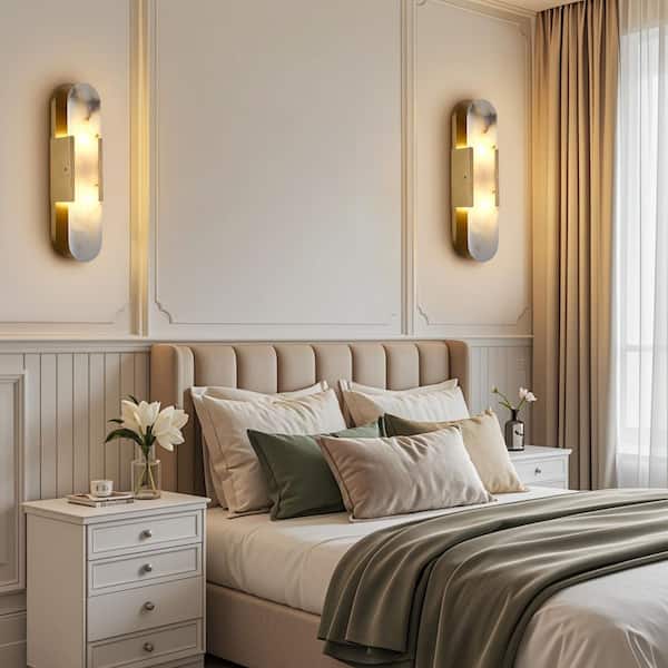 20 in. 2-Light Dimmable LED Oval Brass Wall Sconce, Simple Alabaster Shade Wall Lamp for Bedroom, Bathroom (2 Pieces)