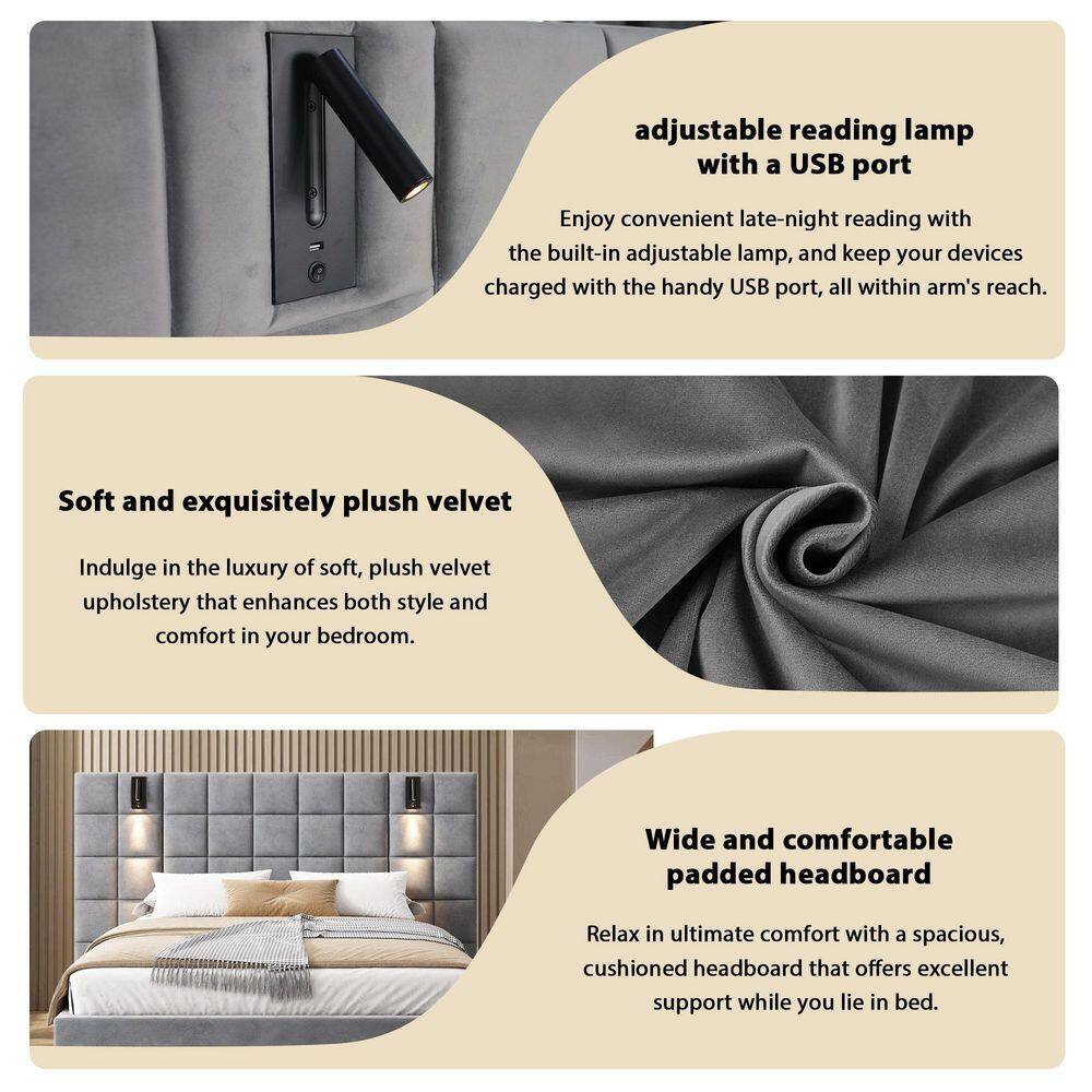 Svens Modern Gray Velvet Upholstered Wood Frame King Size Platform Bed with Headboard, Lamps and USB Ports - thumbnail 7
