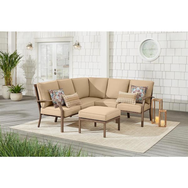 Hampton Bay Geneva 6-Piece Brown Wicker Outdoor Patio Sectional Sofa Seating Set with Ottoman and Sunbrella Beige Tan Cushions