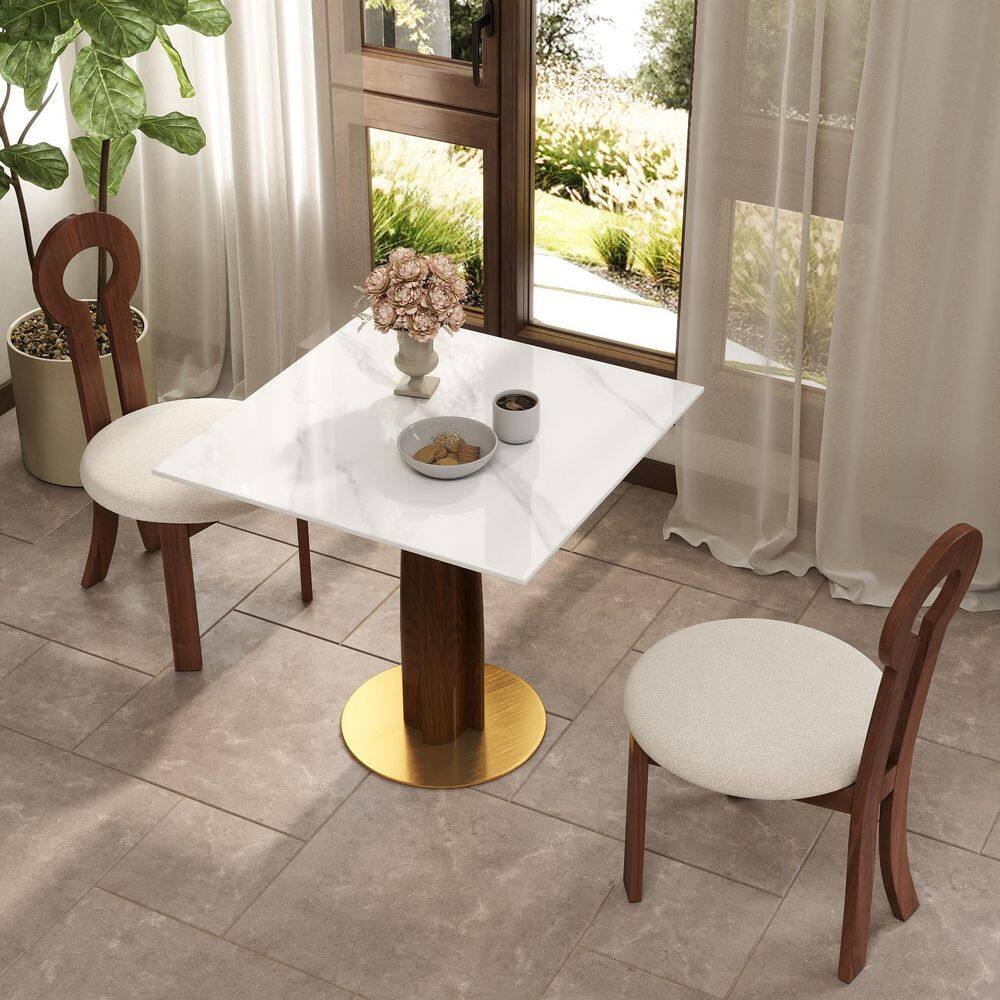 33 in. Modern Square White Sintered Stone Tabletop Dining Table with Solid Wood Pedestal (Seat 2)