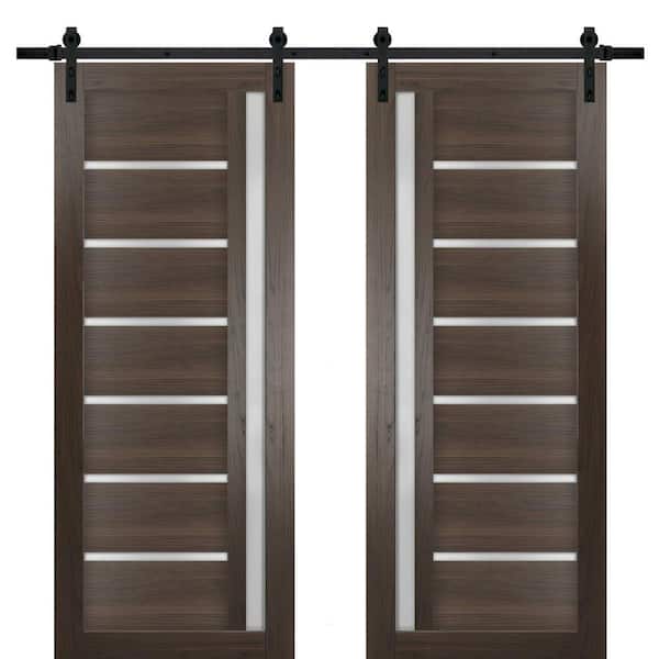 24 in. x 96 in. 2 Panel Frosted Glass Chocolate Ash Solid MDF Sliding Barn Door with Hardware Kit