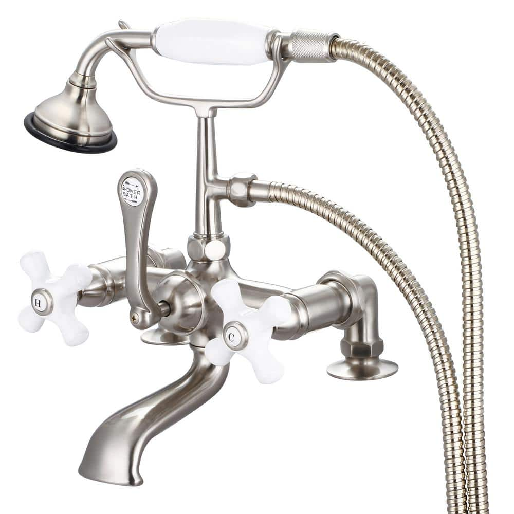 Water Creation 3-Handle Vintage Claw Foot Tub Faucet with Hand Shower and Porcelain Cross Handles in Brushed Nickel