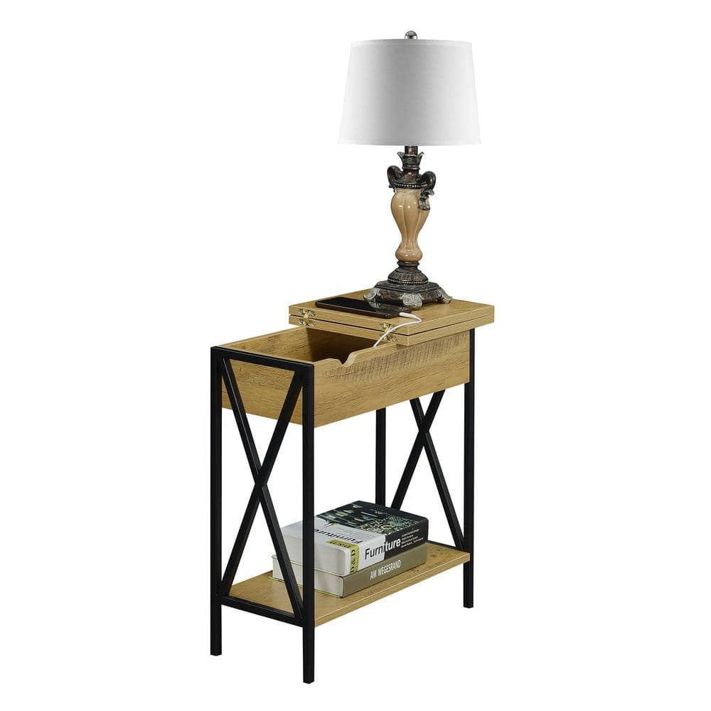 English Oak and Black Rectangular Wood Metal End Table with Storage