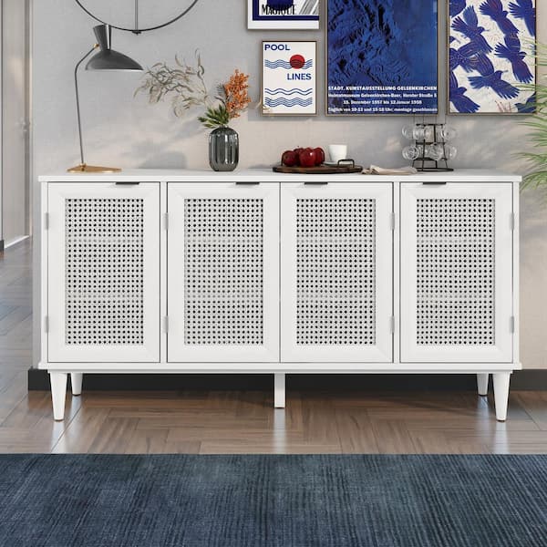 Harper & Bright Designs Large Storage White Sideboard Buffet with Artificial Rattan Door