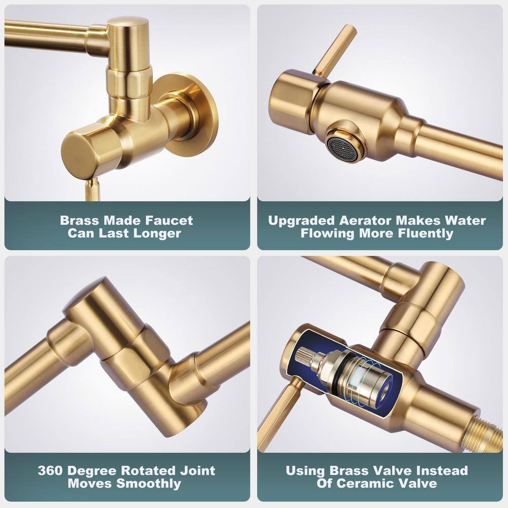 Brushed Gold Wall Mount Double Handle Pot Filler Faucet