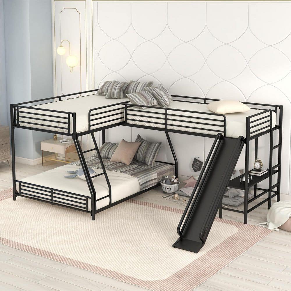 ANBAZAR Black L-Shaped Twin Over Full Bunk Bed With Loft Bed, Triple ...