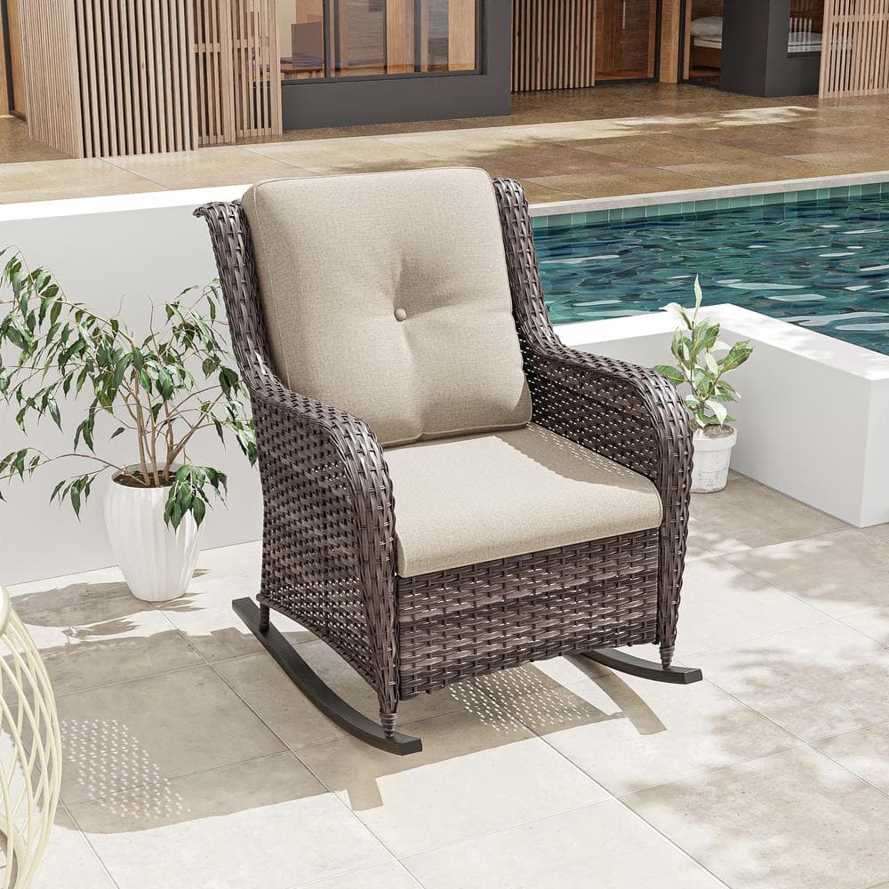 JOYSIDE Wicker Outdoor Patio Rocking Chair with Beige Cushion JS-PRC ...