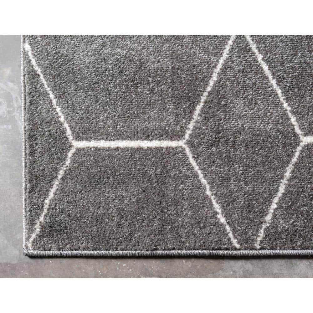 Dark Gray and Ivory Geometric Trellis Runner Rug