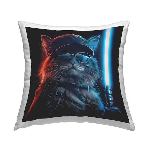 Stupell Industries Sci-Fi Cat with Glowing Saber Blue Print Polyester 18 in. X 18in. Throw Pillow