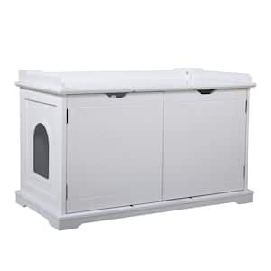 Cat Washroom Bench, Wood Litter Box Cover Spacious Inner Ventilated Holes Removable Partition Easy Access in White