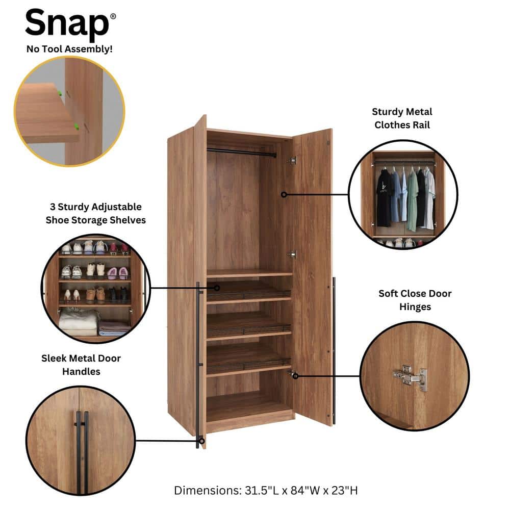 Golden Brown Tall Freestanding Wardrobe with Black Metal Handles