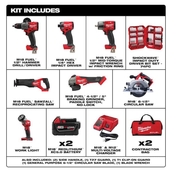 M18 FUEL 18V Lith-Ion Brushless Cordless Combo Kit w/ Two 5.0 Ah Batteries, 1 Charger, 2 Tool Bags, & Bit Set (7-Tool)