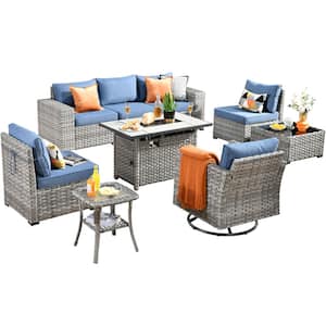 Tahoe Grey 9-Piece Wicker Patio Rectangle Fire Pit Conversation Sofa Set with a Swivel Chair and Denim Blue Cushions