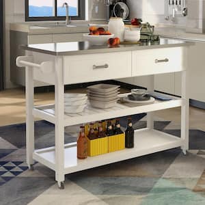 White Wood Kitchen Cart with Open Shelves, Towel Rack, Drawer and Wheels, Stainless Steel Tabletop