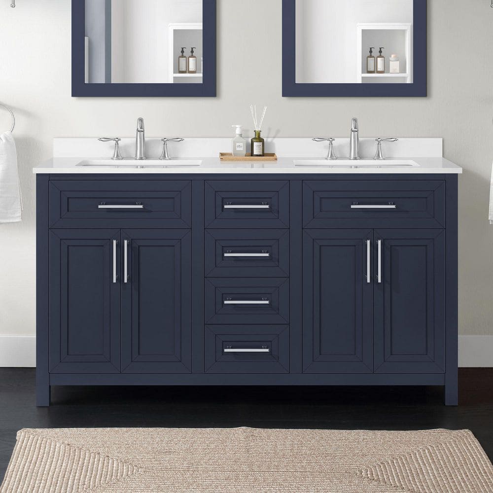 Beaufort 60 in. Double Sink Midnight Blue Bath Vanity with White Engineered