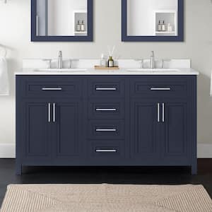 Beaufort 60 in. Double Sink Midnight Blue Bath Vanity with White Engineered Stone Top (Assembled)