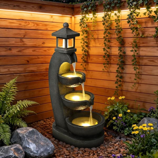 35 Inch Outdoor Water Fountain with Lights 3 Tier Bowl Cascading