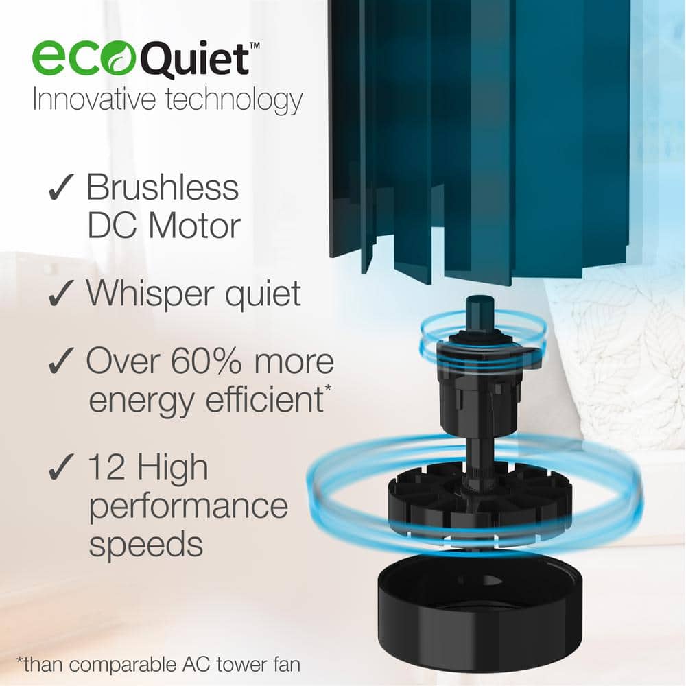 White EcoQuiet Oscillating Tower Fan with Remote Control