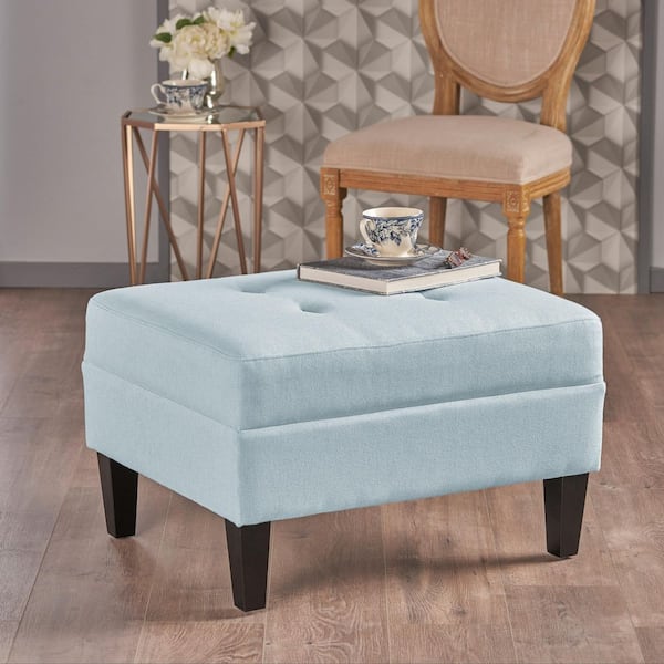 Kamil Light Blue Fabric Upholstery Rectangle Tufted Accent Ottoman with Solid Wood Legs