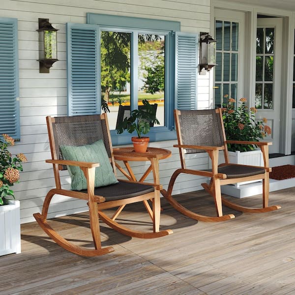 Unbranded 2-Pieces Acacia Wood Outdoor Rocking Chair Set with Wicker Rattan Seat and Backrest Patio Lounge Rocker Sets, Dark Brown