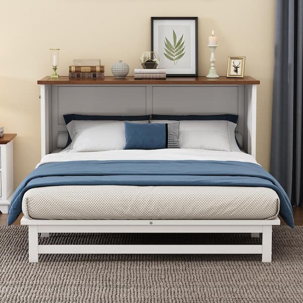Boosicavelly White Wood Frame Full Murphy Beds with Charging Station and Large Storage Drawer