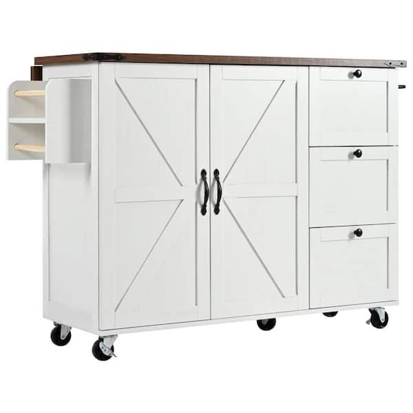 Unbranded Farmhouse White Particle Board Wood 54.5 in. W Kitchen Island with Power Outlet, Internal Storage Rack and Drop Leaf