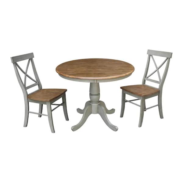 International Concepts Hampton 3-Piece 36 in. Hickory/Stone Round Solid Wood Dining Set with X-Back Chairs