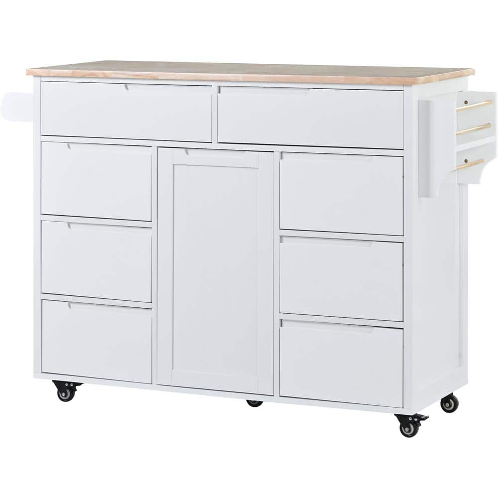 White Rubber Wood Countertop 53.15 in. Kitchen Island with 8-Drawers and Fl