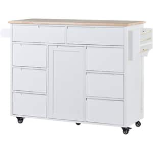 White Rubber Wood Countertop 53.15 in. Kitchen Island with 8-Drawers and Flatware Organizer on 5-Wheels