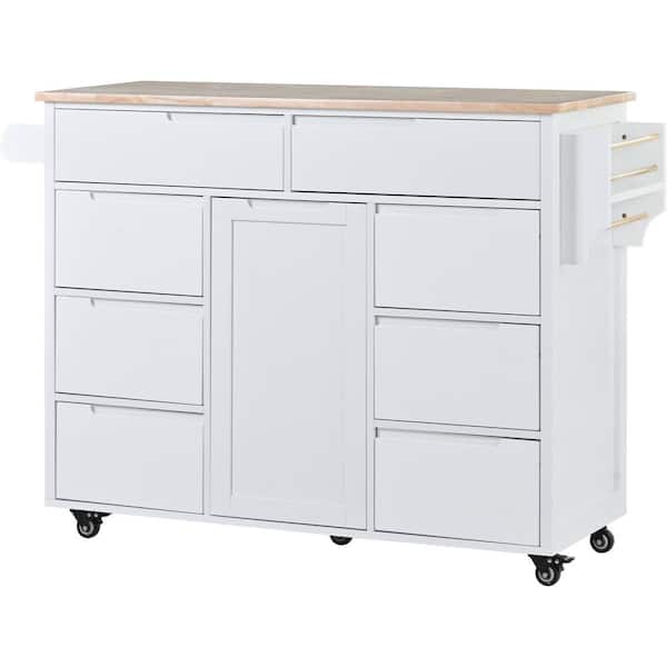 Unbranded White Rubber Wood Countertop 53.15 in. Kitchen Island with 8-Drawers and Flatware Organizer on 5-Wheels