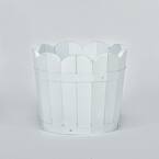 9 in. White Scalloped Acacia Wood Barrel Planters