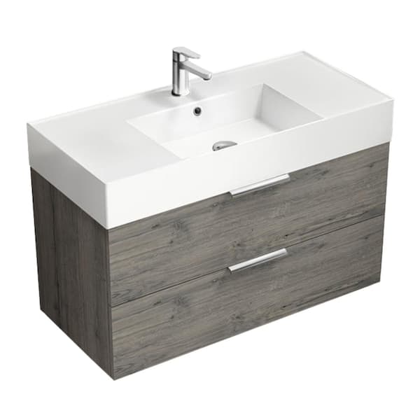 Nameeks Derin 39.53 in. W x 18.11 in. D x 25.2 in. H Modern Bathroom Vanity in Grey Oak With White Ceramic Top