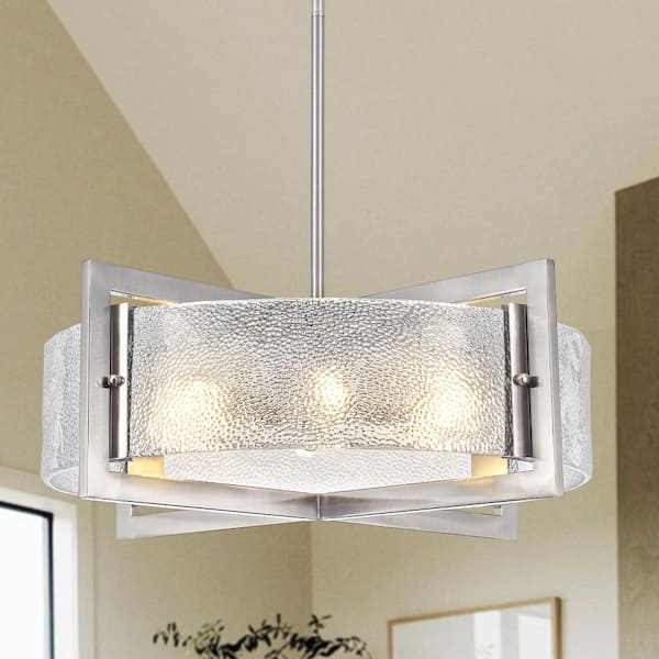 6-Light 23.6 in. Nickel Drum Chandelier Contemporary Pendant with Bubble Glass Shade for Dining Room Living Room Foyer