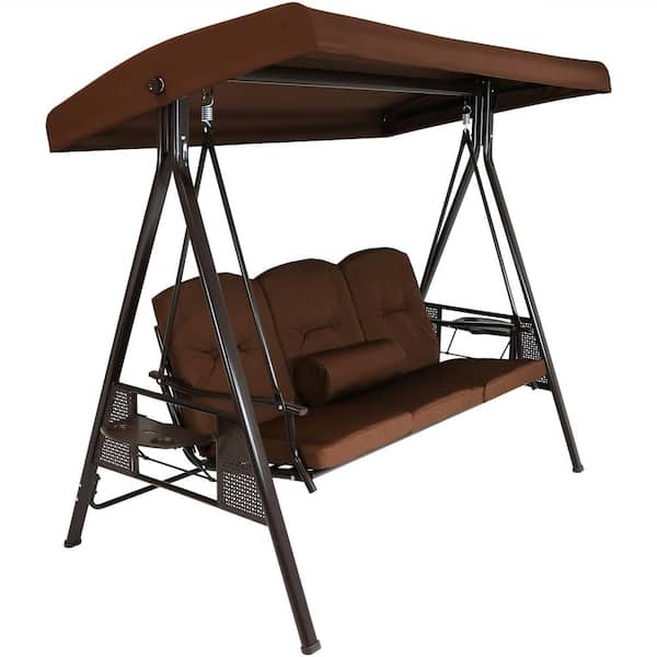 Sunnydaze 3-Person Steel Porch Swing with Brown Cushions