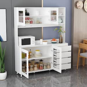 63 in. W Kitchen White Wood Buffet Sideboard Pantry Cabinet with Doors, 4-Drawers, Hooks, Open Shelves for Dining Room