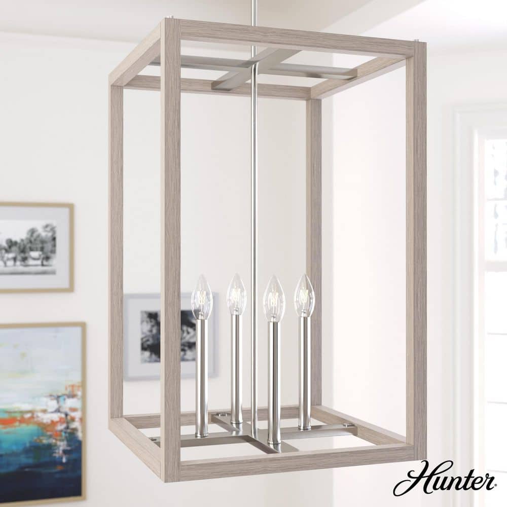 Modern Brushed Nickel & Bleached Wood LED Pendant Light, 18x28"